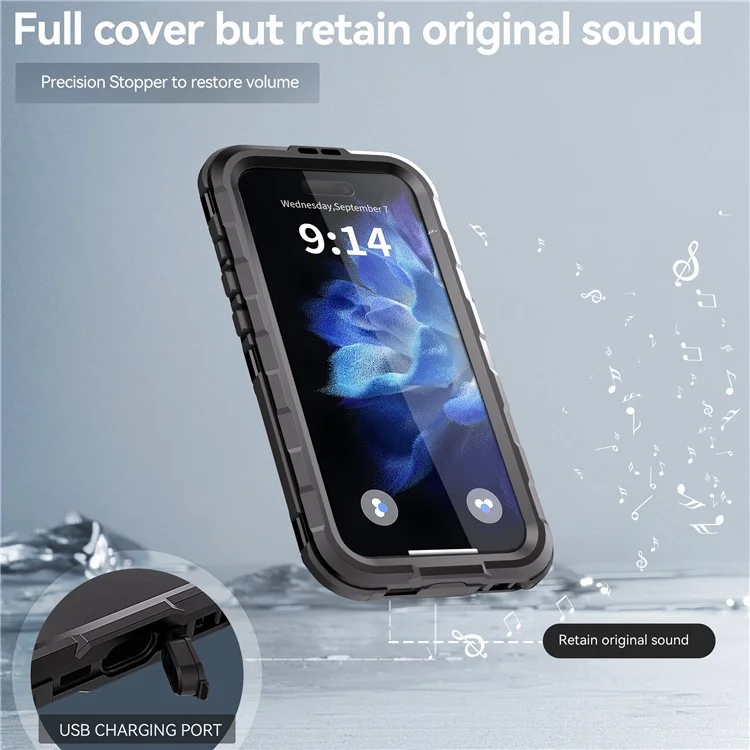 Caja protectora SHELLBOX Serie M para iPhone 16 Funda impermeable IP68 Cubierta de teléfono de buceo de metal Compatible con MagSafe - Negro