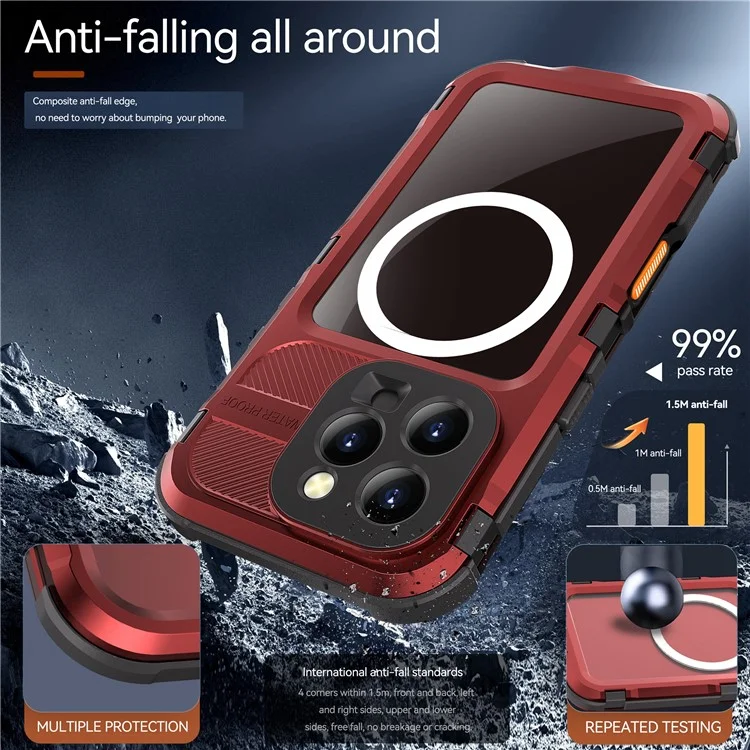 Custodia impermeabile SHELLBOX M Series per iPhone 16 Pro IP68, cover per telefono subacqueo in metallo compatibile con MagSafe - Rosso