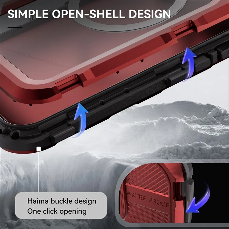 Custodia impermeabile SHELLBOX M Series per iPhone 16 Pro IP68, cover per telefono subacqueo in metallo compatibile con MagSafe - Rosso
