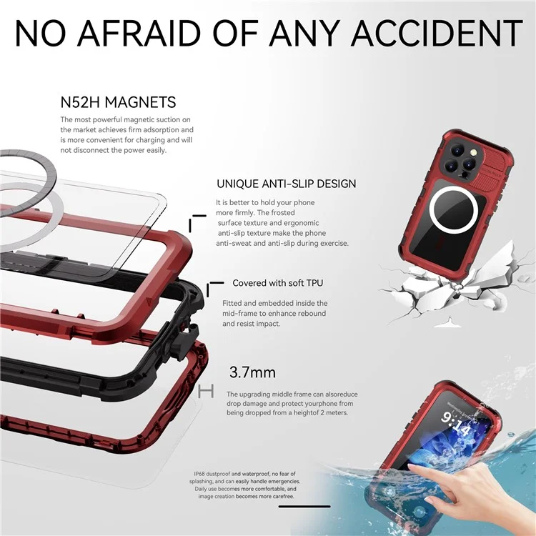 Custodia impermeabile SHELLBOX M Series per iPhone 16 Pro IP68, cover per telefono subacqueo in metallo compatibile con MagSafe - Rosso