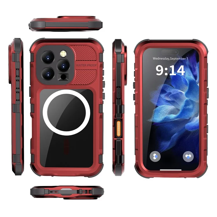 Custodia impermeabile SHELLBOX M Series per iPhone 16 Pro IP68, cover per telefono subacqueo in metallo compatibile con MagSafe - Rosso