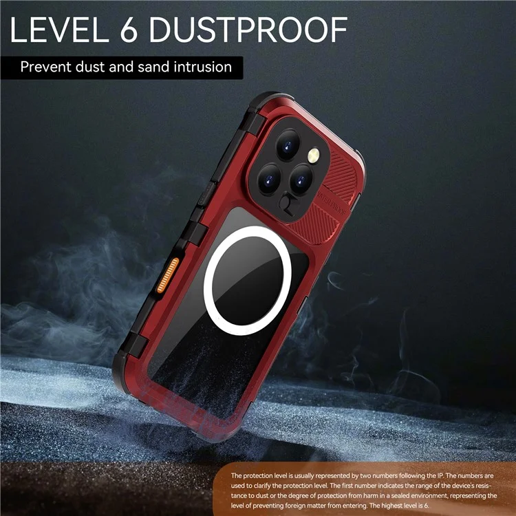 Custodia impermeabile SHELLBOX M Series per iPhone 16 Pro IP68, cover per telefono subacqueo in metallo compatibile con MagSafe - Rosso
