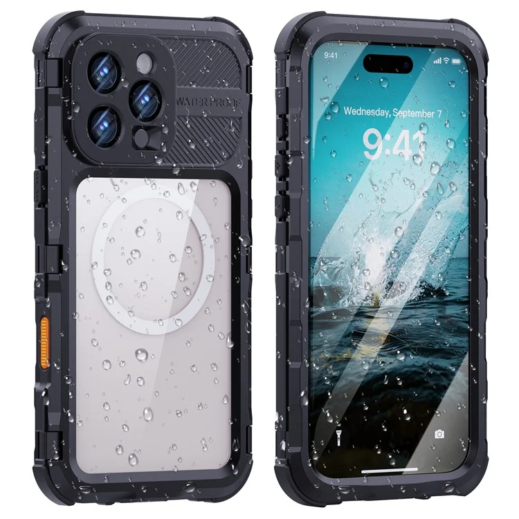 Funda impermeable SHELLBOX M Series para iPhone 16 Pro Max IP68, cubierta de teléfono de buceo de metal compatible con MagSafe - Negro