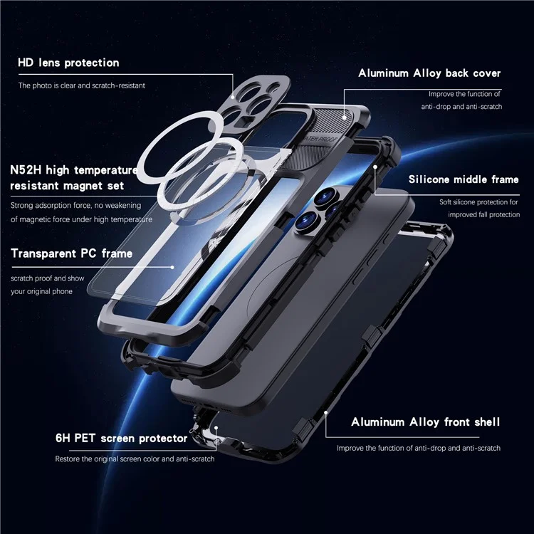 Funda impermeable SHELLBOX M Series para iPhone 16 Pro Max IP68, cubierta de teléfono de buceo de metal compatible con MagSafe - Negro