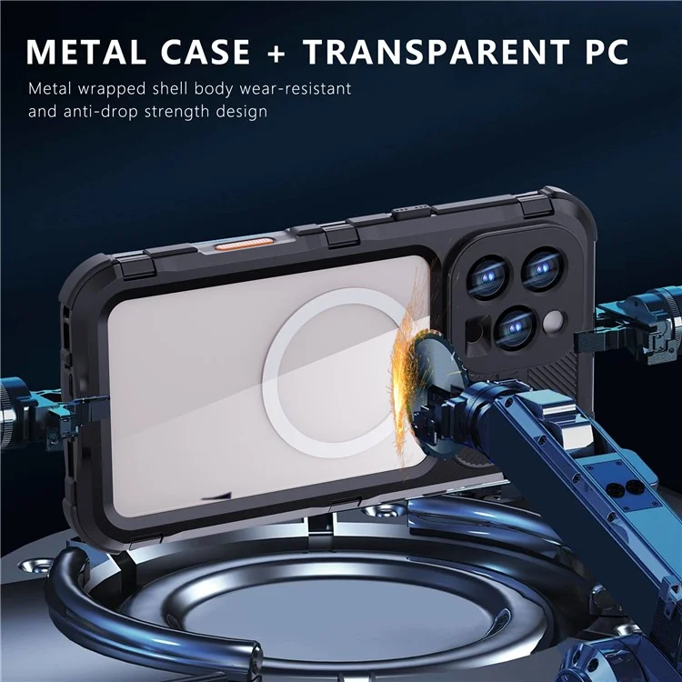 Funda impermeable SHELLBOX M Series para iPhone 16 Pro Max IP68, cubierta de teléfono de buceo de metal compatible con MagSafe - Negro