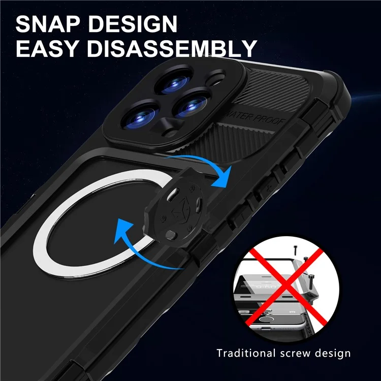 Funda impermeable SHELLBOX M Series para iPhone 16 Pro Max IP68, cubierta de teléfono de buceo de metal compatible con MagSafe - Negro