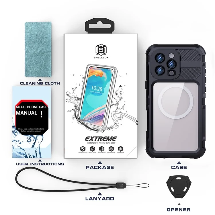 Funda impermeable SHELLBOX M Series para iPhone 16 Pro Max IP68, cubierta de teléfono de buceo de metal compatible con MagSafe - Negro