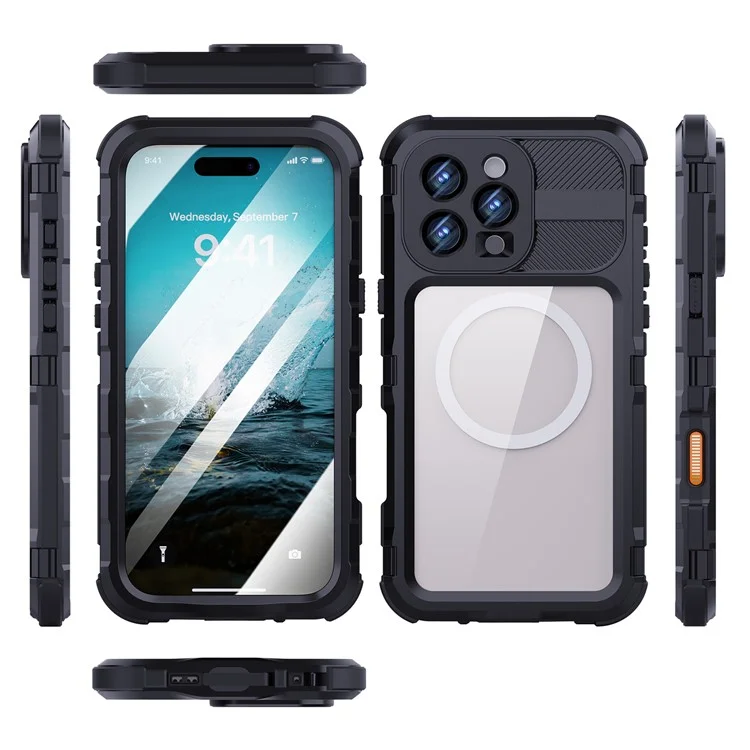 Funda impermeable SHELLBOX M Series para iPhone 16 Pro Max IP68, cubierta de teléfono de buceo de metal compatible con MagSafe - Negro