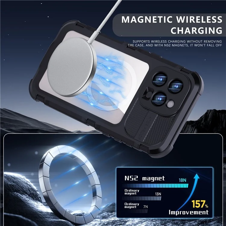 Funda impermeable SHELLBOX M Series para iPhone 16 Pro Max IP68, cubierta de teléfono de buceo de metal compatible con MagSafe - Negro