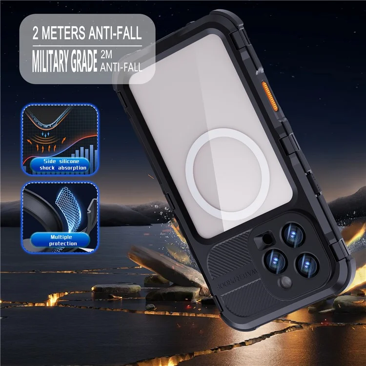 Funda impermeable SHELLBOX M Series para iPhone 16 Pro Max IP68, cubierta de teléfono de buceo de metal compatible con MagSafe - Negro