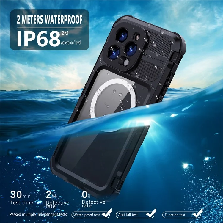 Funda impermeable SHELLBOX M Series para iPhone 16 Pro Max IP68, cubierta de teléfono de buceo de metal compatible con MagSafe - Negro
