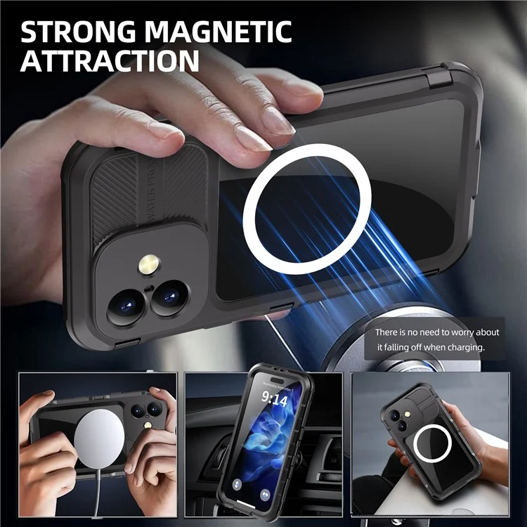 SHELLBOX M Series For iPhone 16 Plus IP68 Waterproof Case Metal Diving Phone Cover Compatible with MagSafe - Black