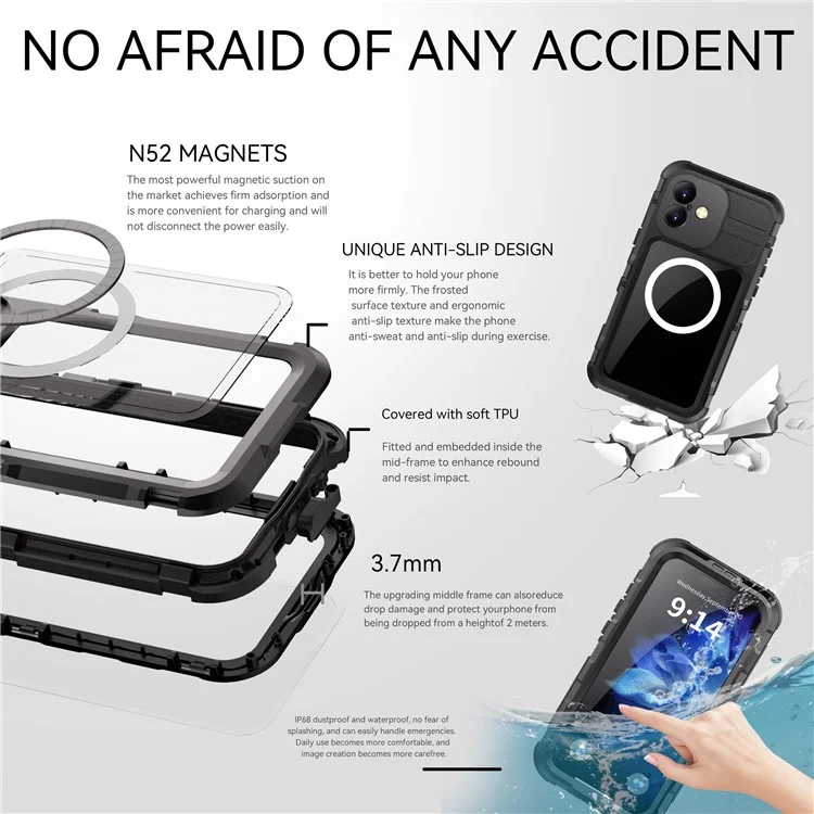SHELLBOX M Series For iPhone 16 Plus IP68 Waterproof Case Metal Diving Phone Cover Compatible with MagSafe - Black