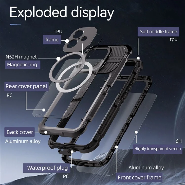 SHELLBOX M Series For iPhone 16 Plus IP68 Waterproof Case Metal Diving Phone Cover Compatible with MagSafe - Black