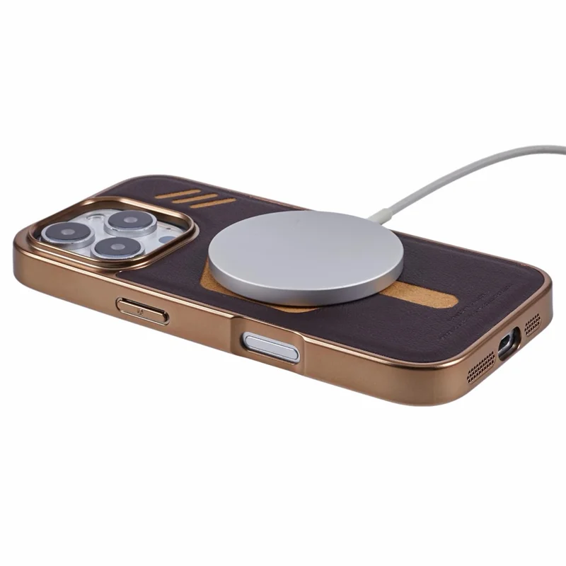 KIGC For iPhone 16 Pro Case Compatible with MagSafe Leather+PC+TPU Phone Cover - Titanium Gold