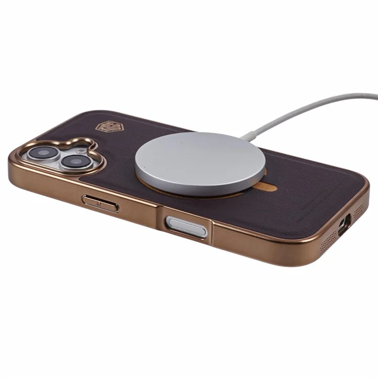 KIGC For iPhone 16 Case Compatible with MagSafe Leather+PC+TPU Back Cover - Titanium Gold
