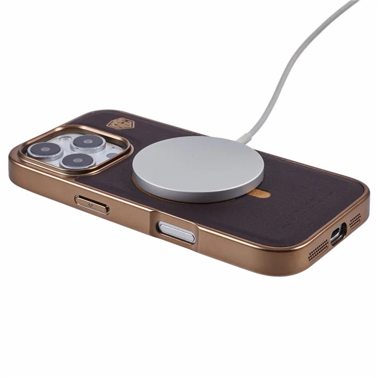 Funda para iPhone 16 Pro compatible con MagSafe de cuero + PC + TPU, color oro titanio