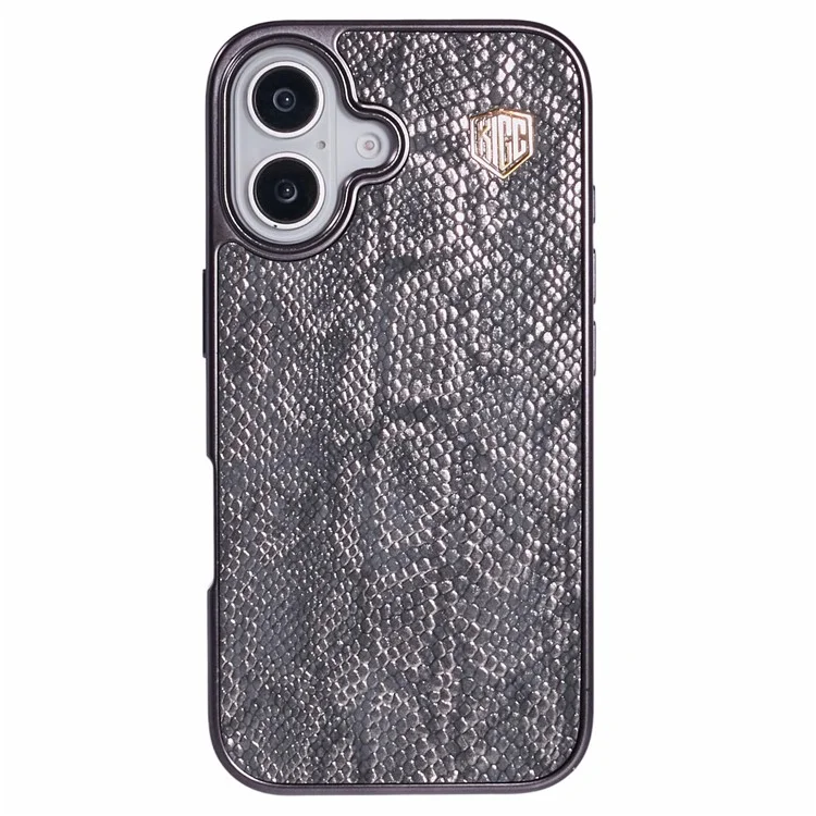 Capa para iPhone 16 KIGC compatível com MagSafe, textura de cobra, cobertura traseira de couro + PC + TPU - Cinza