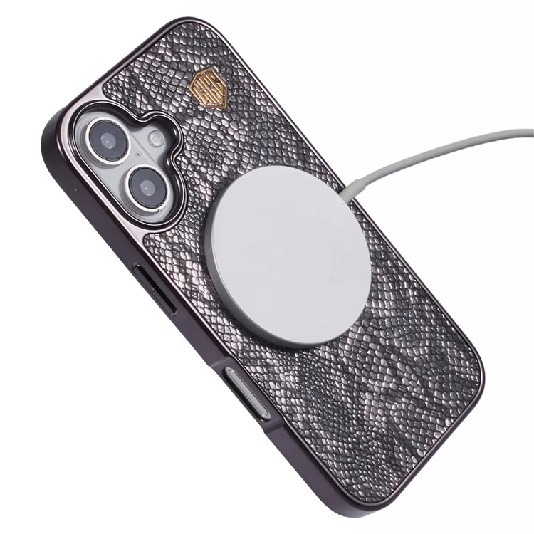 Capa para iPhone 16 KIGC compatível com MagSafe, textura de cobra, cobertura traseira de couro + PC + TPU - Cinza