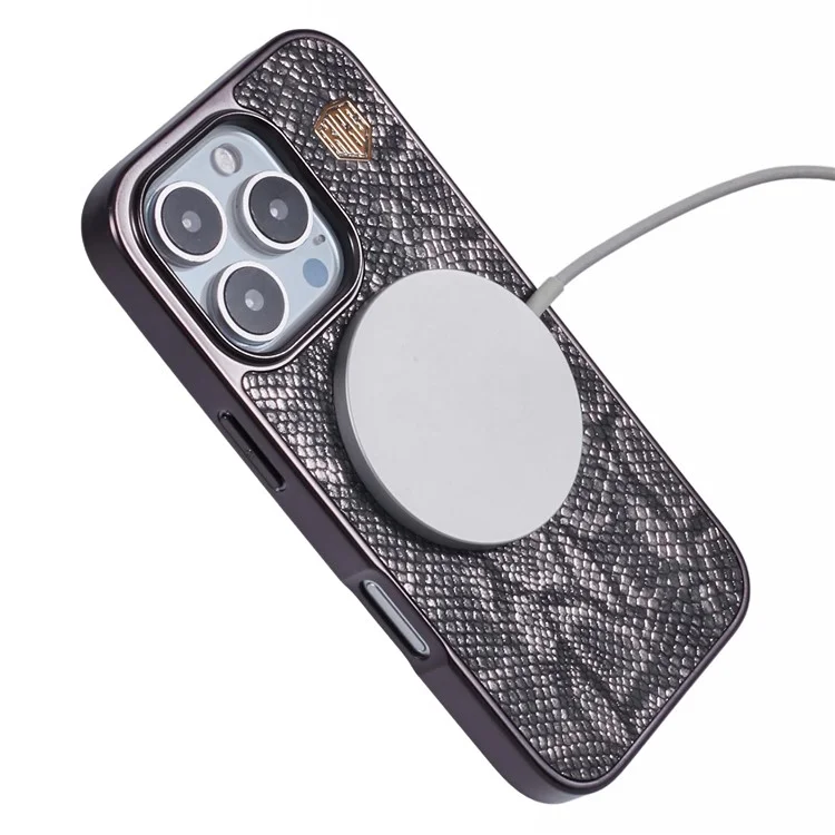 Capa para iPhone 16 Pro compatível com MagSafe, textura de cobra, couro + PC + TPU - Cinza