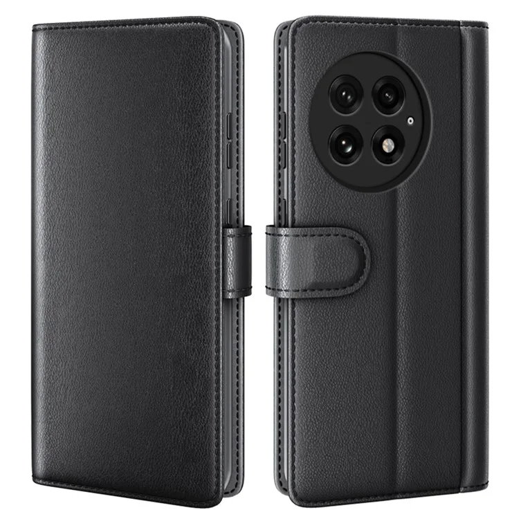 Capa para OnePlus 13 de couro legítimo com divisão, compartimento para cartões - Preto