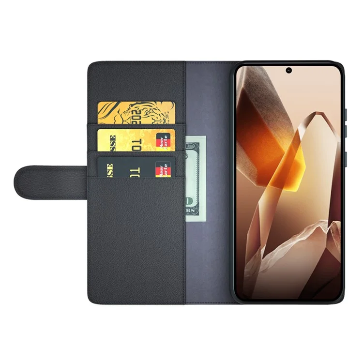 Capa para OnePlus 13 de couro legítimo com divisão, compartimento para cartões - Preto