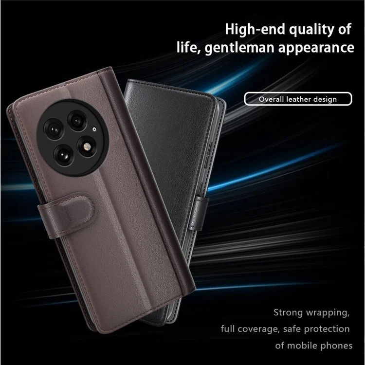 Capa para OnePlus 13 de couro legítimo com divisão, compartimento para cartões - Preto