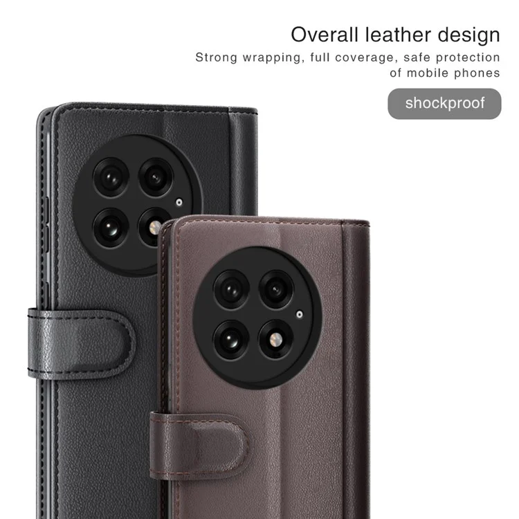 Capa para OnePlus 13 de couro legítimo com divisão, compartimento para cartões - Preto
