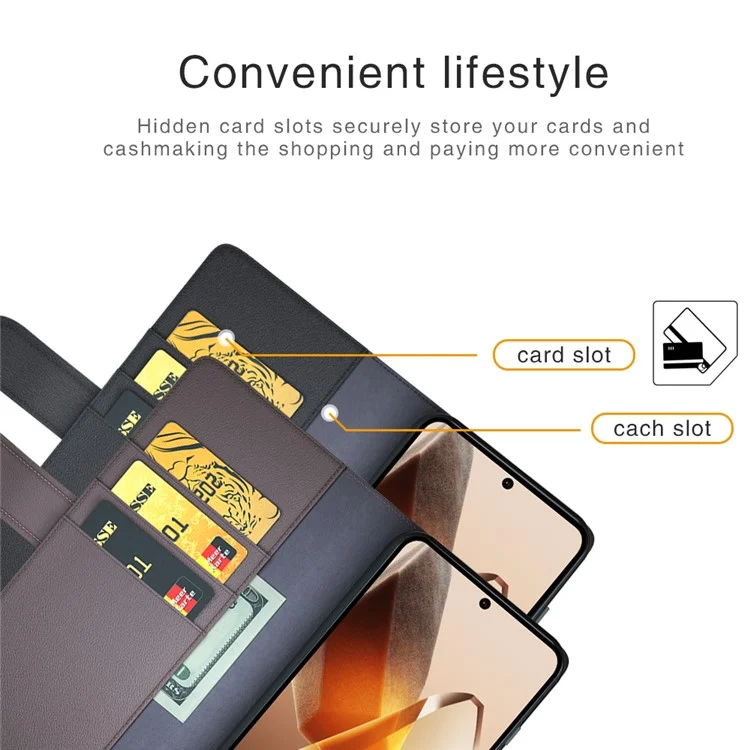 Capa para OnePlus 13 de couro legítimo com divisão, compartimento para cartões - Preto