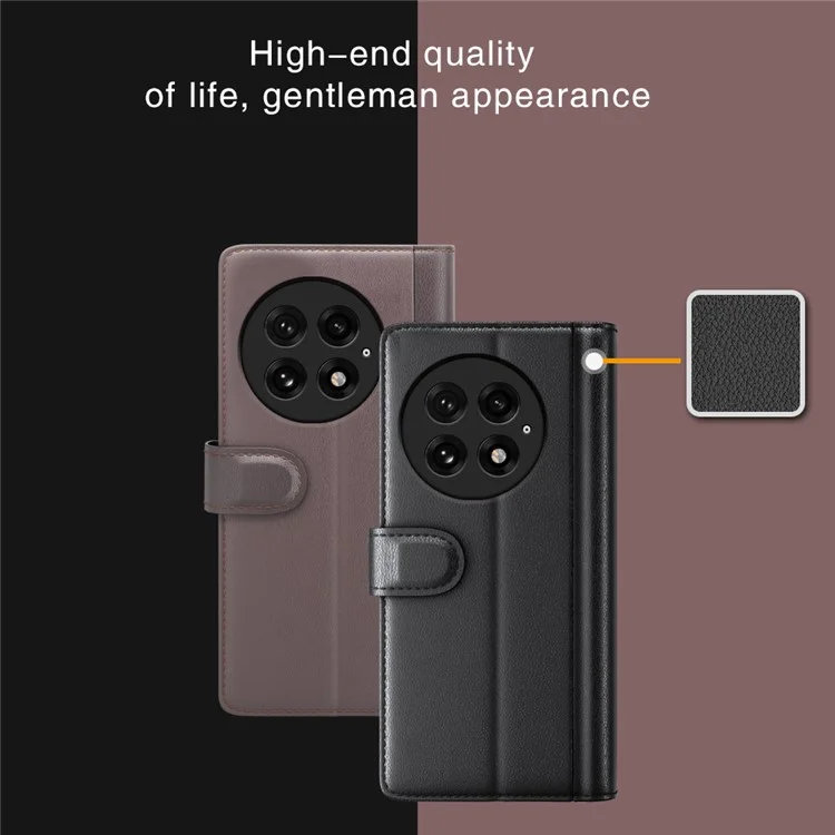 Capa para OnePlus 13 de couro legítimo com divisão, compartimento para cartões - Preto