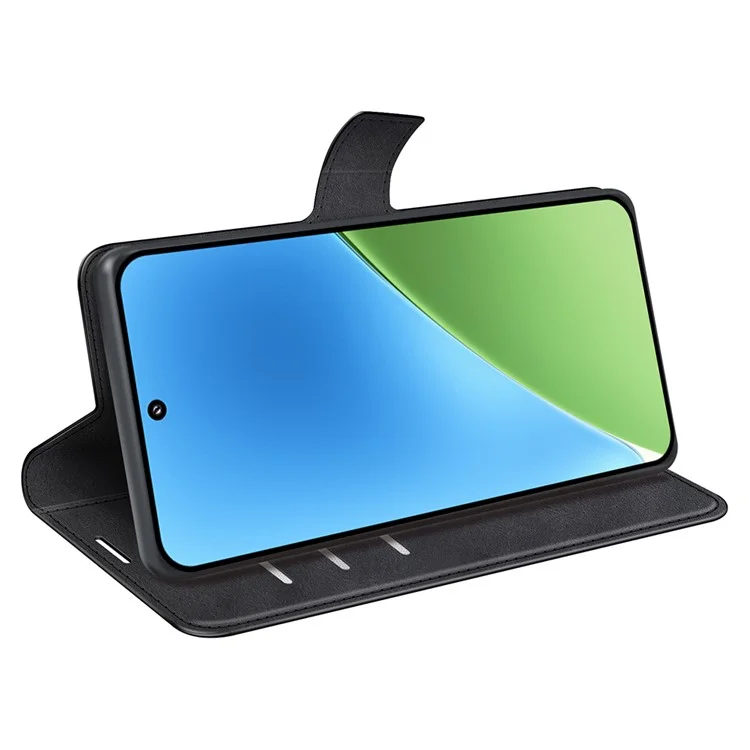 Étui de support pour Xiaomi 15 en cuir de veau à texture anti-rayures - Noir