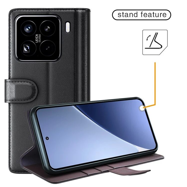 Capa para Xiaomi 15 Pro em Couro Legitimo Dividido, Capa Carteira com Compartimento para Cartão - Preta