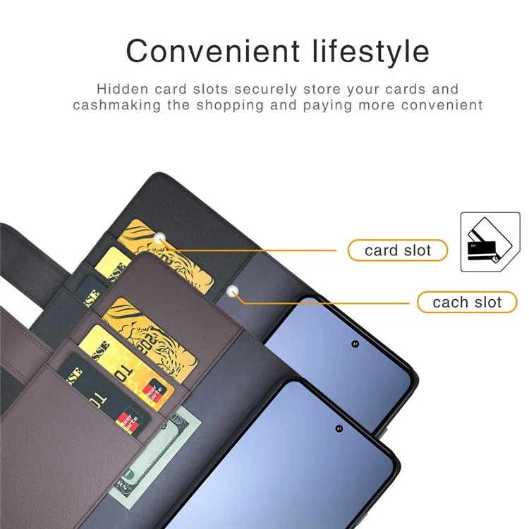 Capa para Xiaomi 15 Pro em Couro Legitimo Dividido, Capa Carteira com Compartimento para Cartão - Preta