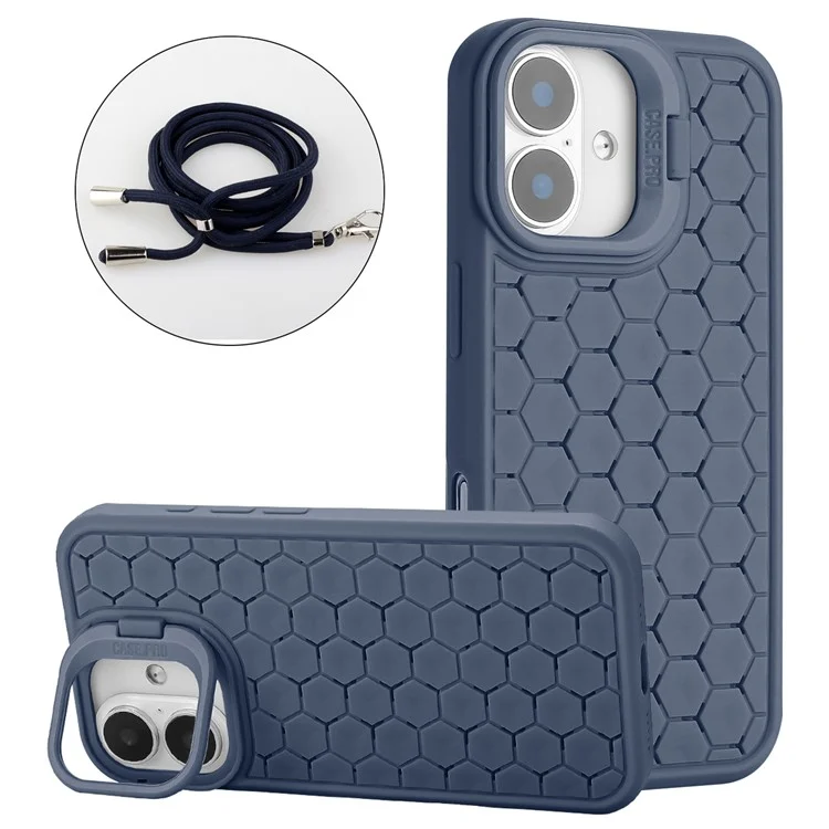 For iPhone 16 Plus Case Compatible with MagSafe Kickstand Heat Dissipation TPU Phone Cover with Lanyard - Dark Blue