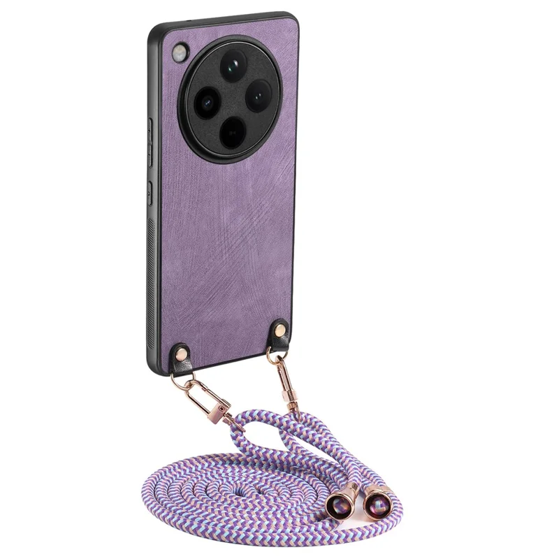 For Oppo Find X8 Pro 5G Case Retro Texture Leather Coated PC+TPU Phone Cover with Hanging Rope - Purple