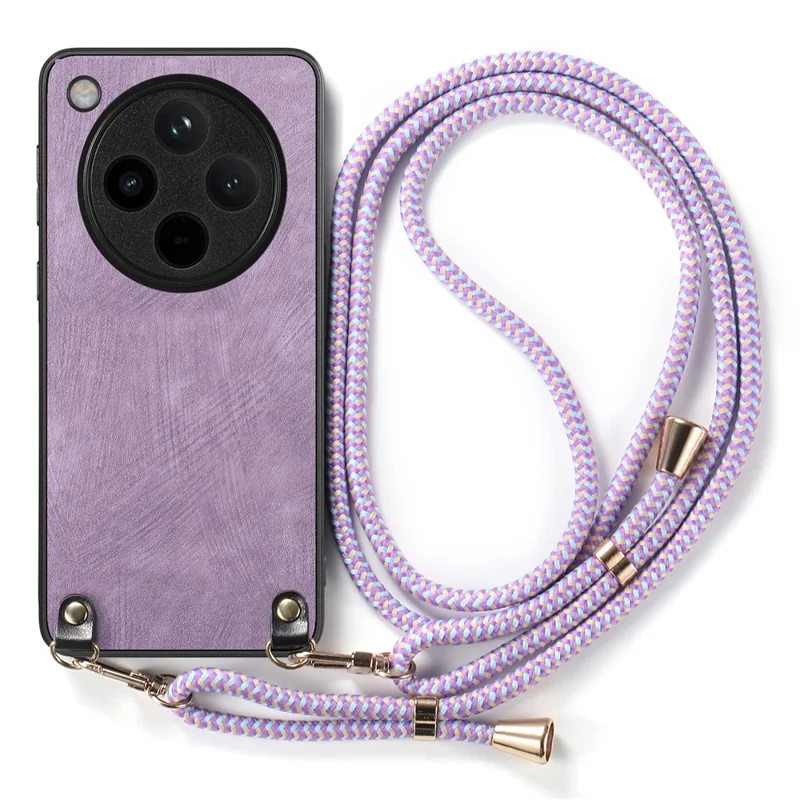 For Oppo Find X8 Pro 5G Case Retro Texture Leather Coated PC+TPU Phone Cover with Hanging Rope - Purple