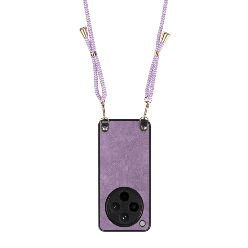 For Oppo Find X8 Pro 5G Case Retro Texture Leather Coated PC+TPU Phone Cover with Hanging Rope - Purple