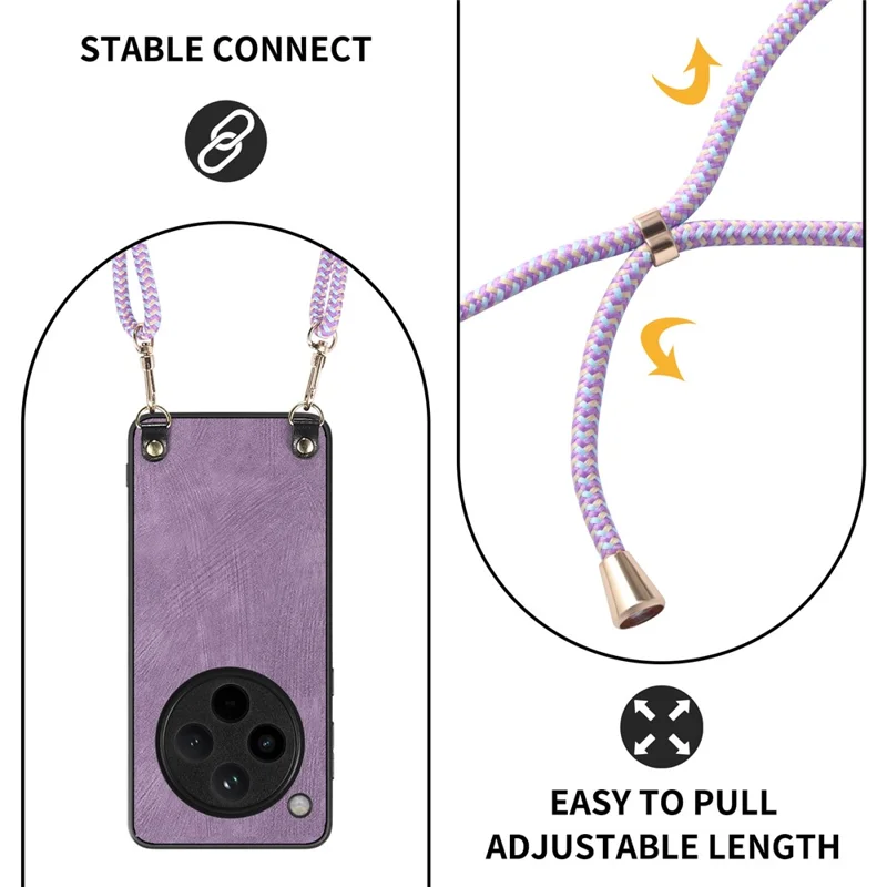 For Oppo Find X8 Pro 5G Case Retro Texture Leather Coated PC+TPU Phone Cover with Hanging Rope - Purple