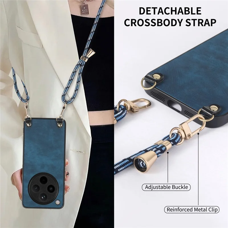 For Oppo Find X8 Pro 5G Case Retro Texture Leather Coated PC+TPU Phone Cover with Hanging Rope - Purple