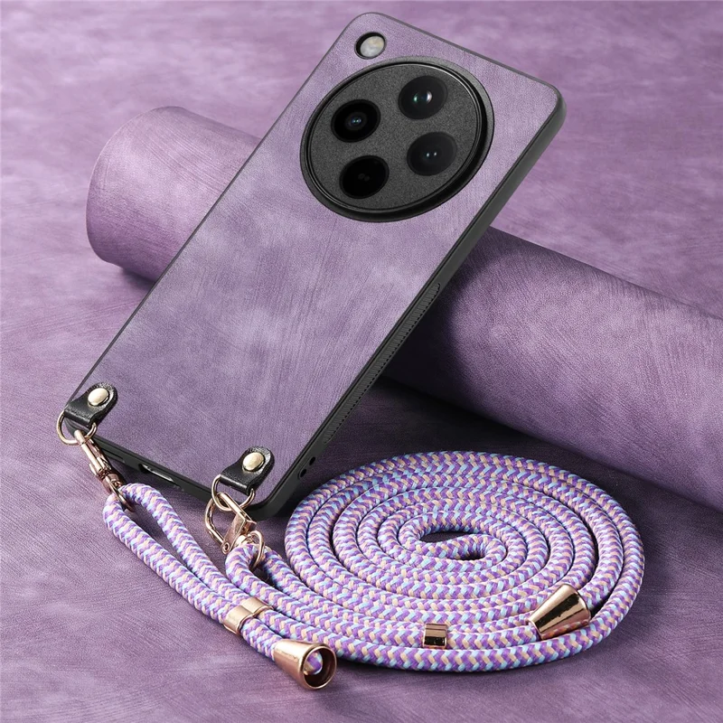 For Oppo Find X8 Pro 5G Case Retro Texture Leather Coated PC+TPU Phone Cover with Hanging Rope - Purple