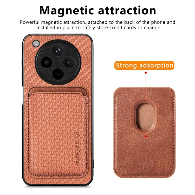 For Oppo Find X8 Pro 5G Case Carbon Fiber Leather Back Cover with Detachable Card Bag - Brown