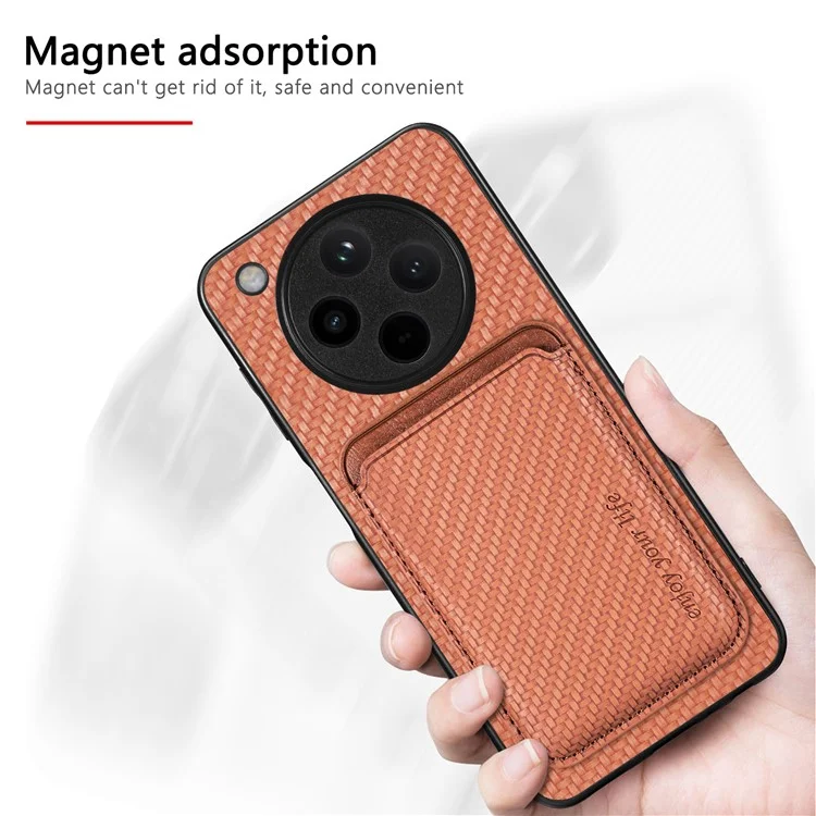 For Oppo Find X8 Pro 5G Case Carbon Fiber Leather Back Cover with Detachable Card Bag - Brown
