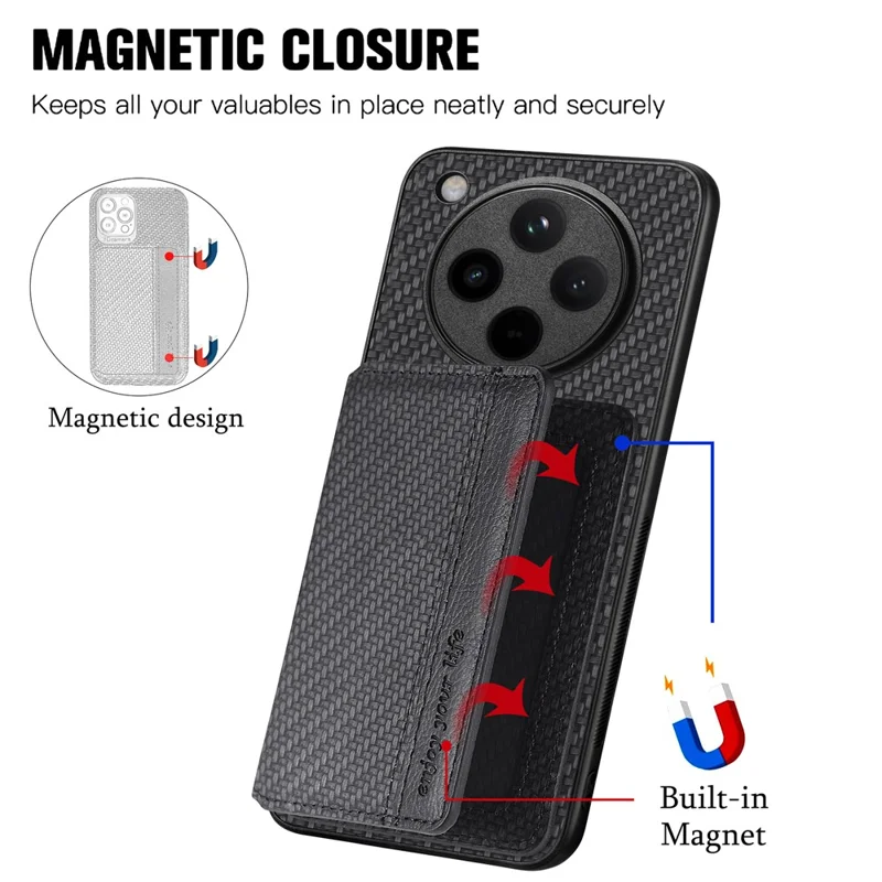 Til Oppo Find X8 Pro 5G Etui RFID-blokerende kortlomme Kulfiberlæder+PC+TPU telefondæksel - Sort