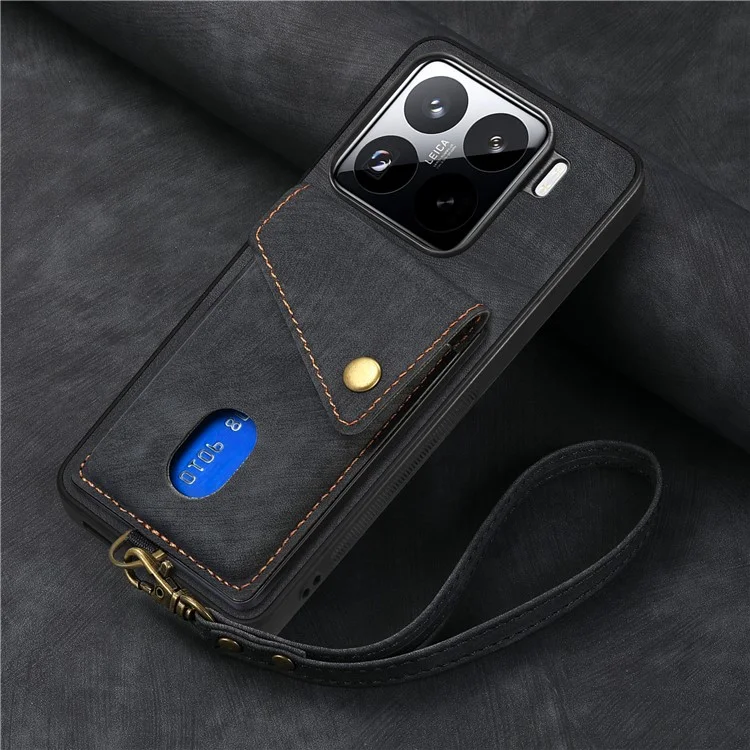Capa para Xiaomi 15 de couro + TPU com slot para cartão e suporte - Preta