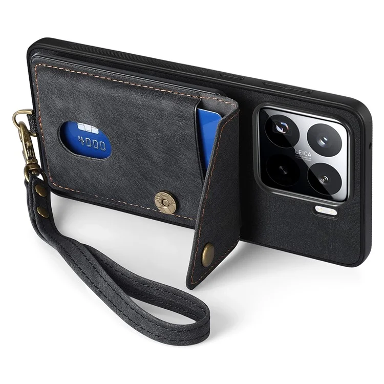 Capa para Xiaomi 15 de couro + TPU com slot para cartão e suporte - Preta