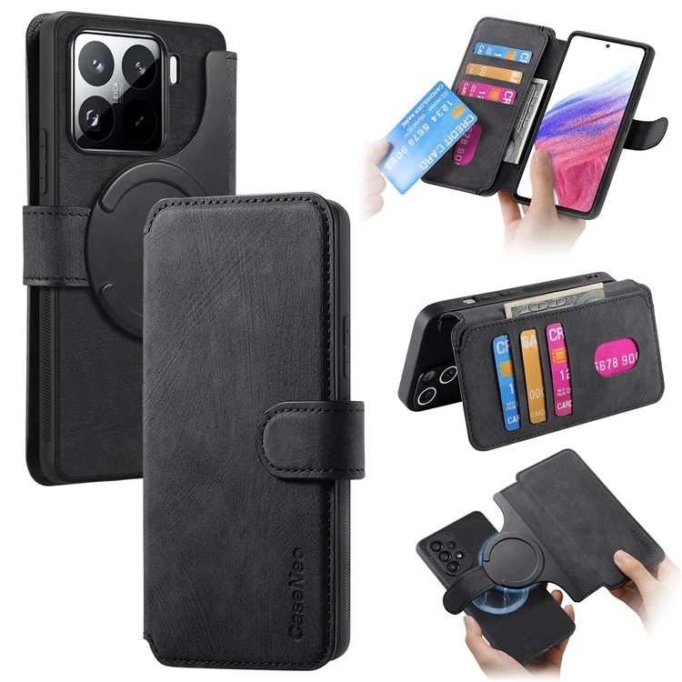 Funda CASENEO MW-03 para Xiaomi 15 Pro con cartera desmontable, cubierta de teléfono de cuero + TPU - Negro