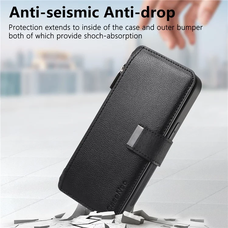 Funda CASENEO MW-02 para Xiaomi 15 Pro, tapa de teléfono de cuero magnética desmontable - Negro