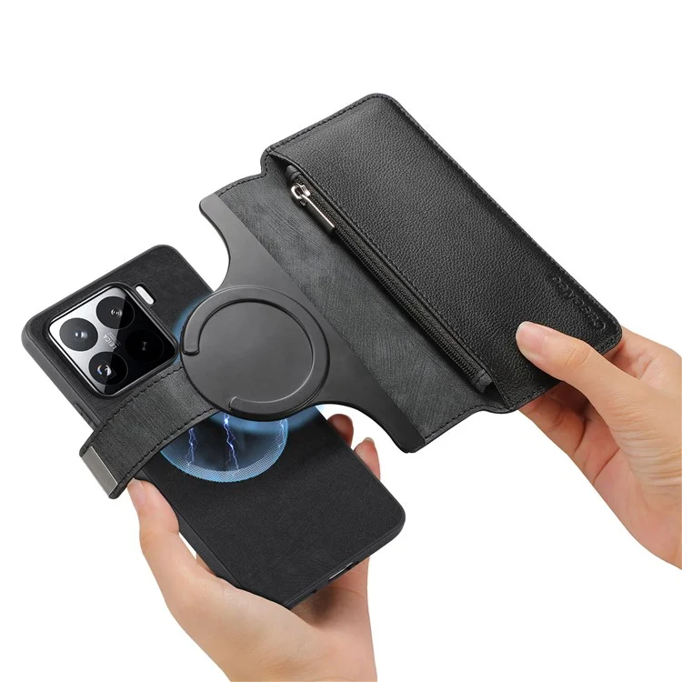 Funda CASENEO MW-02 para Xiaomi 15 Pro, tapa de teléfono de cuero magnética desmontable - Negro