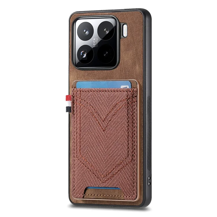 Custodia per telefono Xiaomi 15 Pro, texture in tessuto di jeans retrò, cover posteriore in pelle con portacarte - Marrone