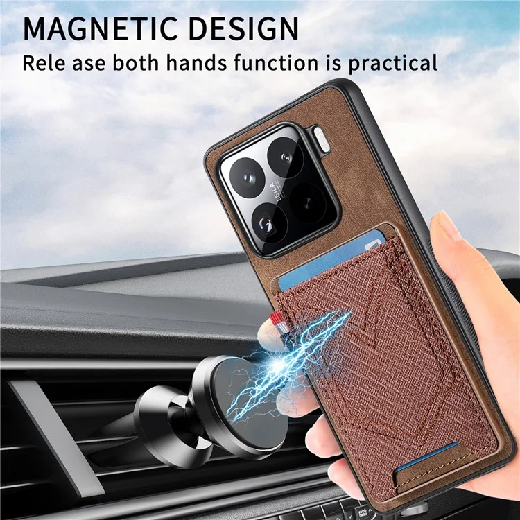 Custodia per telefono Xiaomi 15 Pro, texture in tessuto di jeans retrò, cover posteriore in pelle con portacarte - Marrone